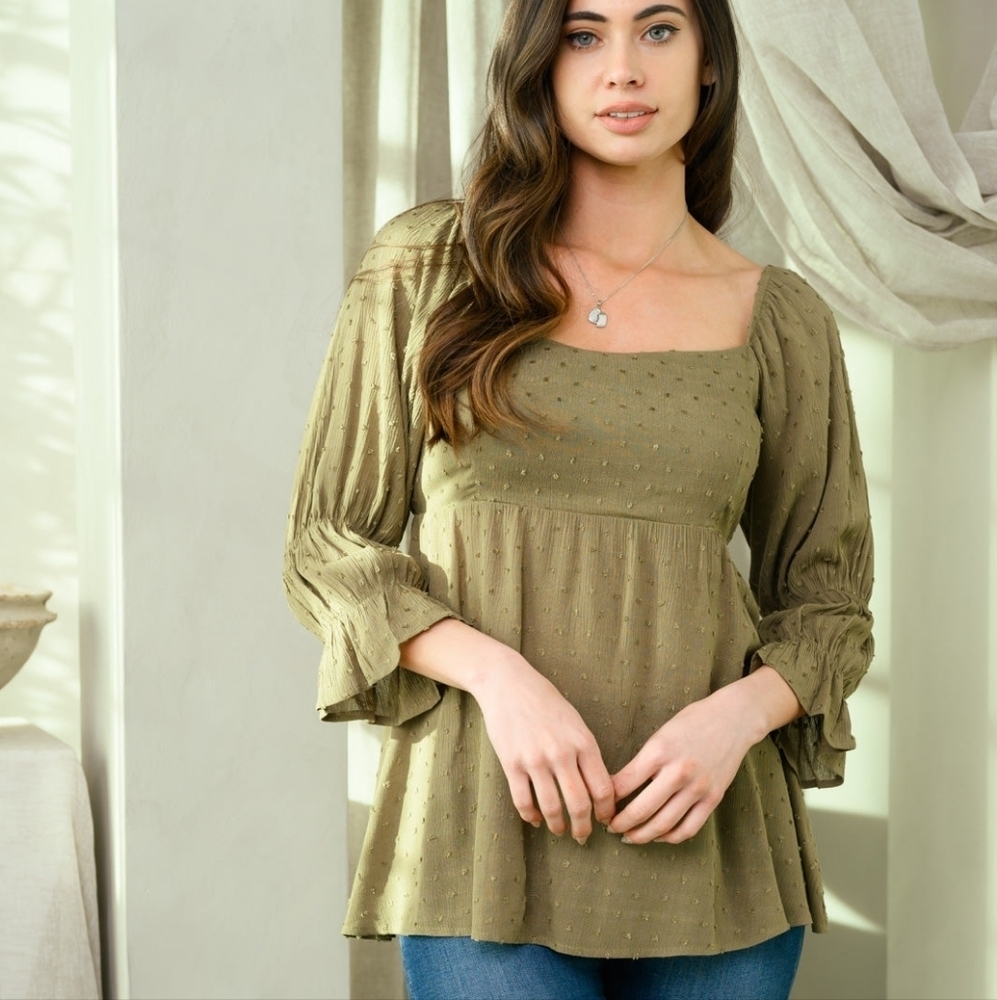 NWT Olive Green Swiss Dot Babydoll Top Open Back - Picture 3 of 4